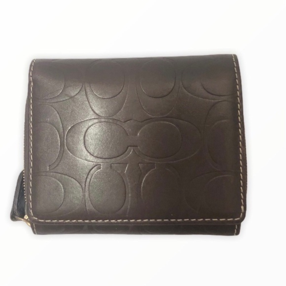 Coach brown leather embossed c compact wallet